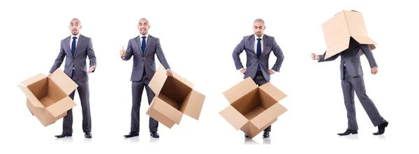 Бізнесмен з коробкою ізольовані на білому — стокове фото