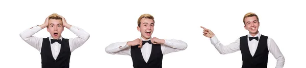 Young man in black classic vest isolated on white — Stock Photo, Image