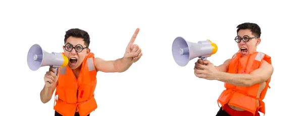 Funny man wearing vest with loudspeaker — Stock Photo, Image