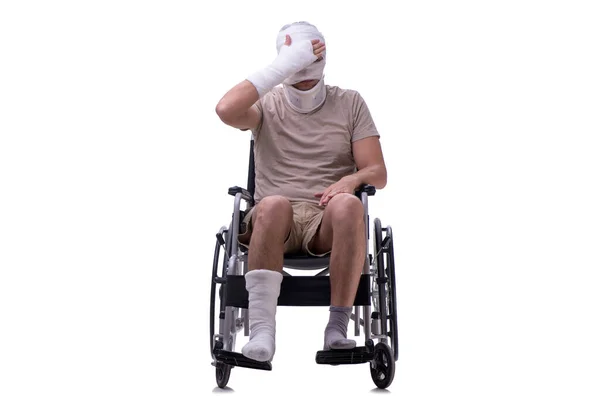 Injured man in wheel-chair isolated on white — Stock Photo, Image