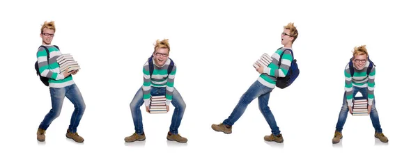 Lustiger Student mit Bücherstapel — Stockfoto