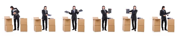 Funny man with boxes on white — Stock Photo, Image