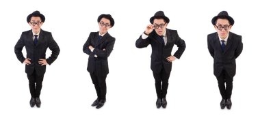 Çizgili takım elbiseli komik bir beyefendi beyazın üzerinde yalnız.