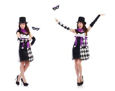 Güzel kız beyaz izole soytarı kostüm