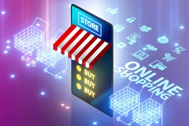 Akıllı telefonlu çevrimiçi alışveriş kavramı - 3D görüntüleme