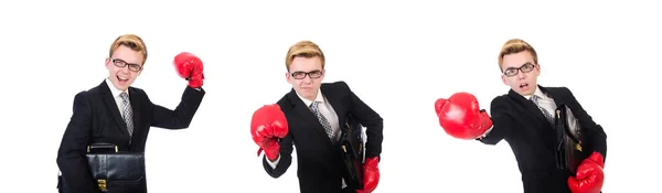 Joven empresario boxeador aislado en blanco — Foto de Stock