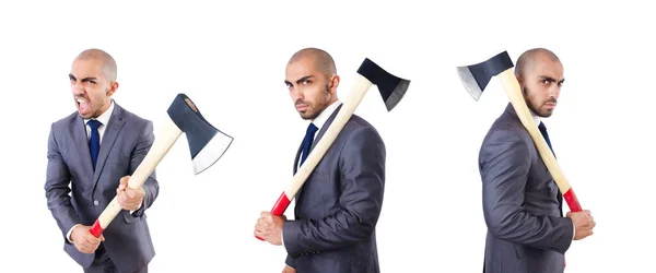 Funny businessman with axe on white — Stock Photo, Image