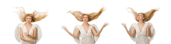 Γυναίκα με φτερά αγγέλου απομονωμένη στο λευκό — Φωτογραφία Αρχείου