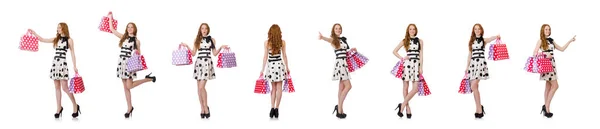 Fiatal nő bevásárló táskák fehér — Stock Fotó