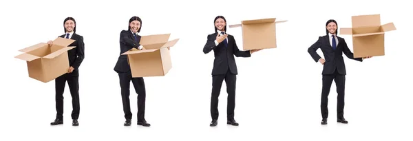 Смішний чоловік з коробками на білому — стокове фото