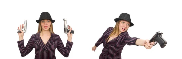 Gangster donna con pistola isolata su bianco — Foto Stock