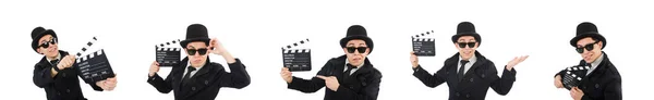 Hombre con película clapper aislado en blanco — Foto de Stock