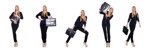 Tall young woman in black clothing with handbag isolated on whit — Stok fotoğraf