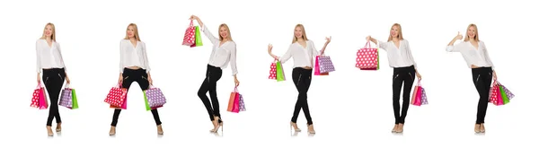 Woman many shopping bags after shopping isolated on white — Stock Photo, Image