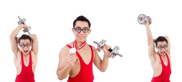 Funny guy exercising with dumbbells on white — Stock Photo, Image