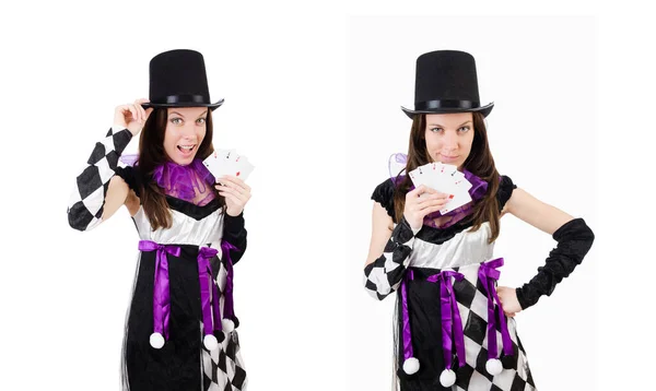Hezká dívka v kroji šašek s kartami izolovaných na bílém — Stock fotografie
