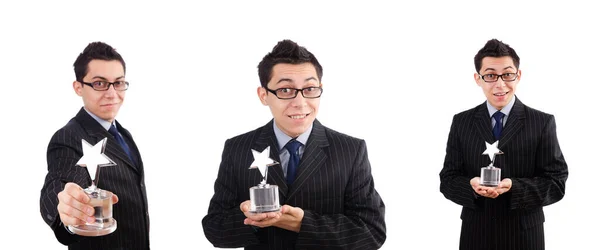 Funny guy receiving award on white — Stock Photo, Image