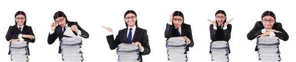 Funny man with lots of papers on white — Stock Photo, Image