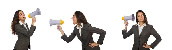 Woman with loudspeaker on white — Stock Photo, Image