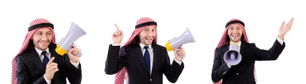 Arab yelling with loudspeaker isolated on white — Stock Photo, Image