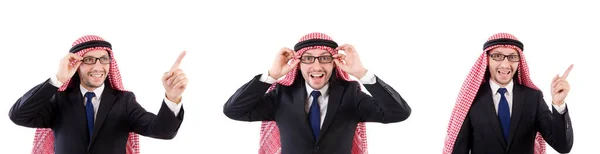 Arabische man in specificaties virtuele knoppen op wit wordt geïsoleerd te drukken — Stockfoto