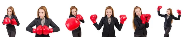 Mulher empresária com luvas de boxe em branco — Fotografia de Stock