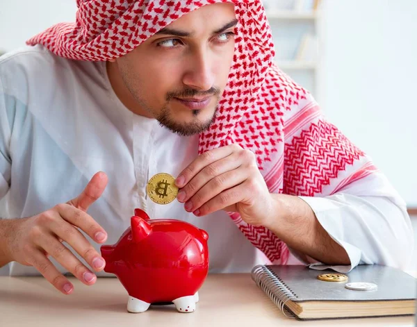 Arab man with bitcoin in cryptocurrency mining concept — Stock Photo, Image