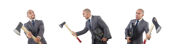 Hombre de negocios divertido con hacha en blanco —  Fotos de Stock