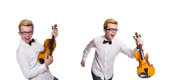 Jovem jogador de violino engraçado isolado no branco — Fotografia de Stock