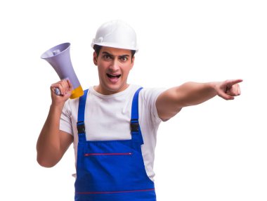 adam beyaz izole megafon ile