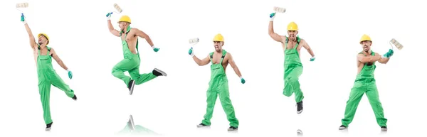 Painter in green coveralls on white — Stock Photo, Image