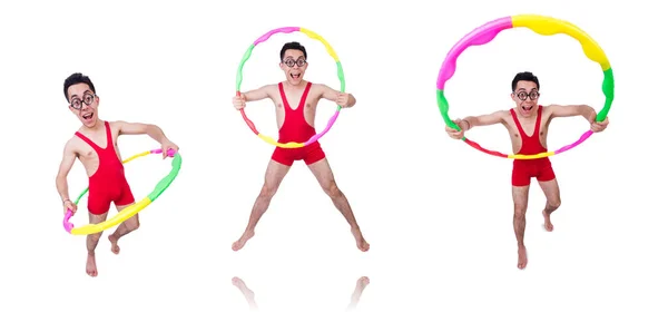 Funny sportsman with hula hoop on white — Stock Photo, Image