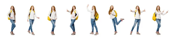 Kvinna med ryggsäck isolerad på vitt — Stockfoto