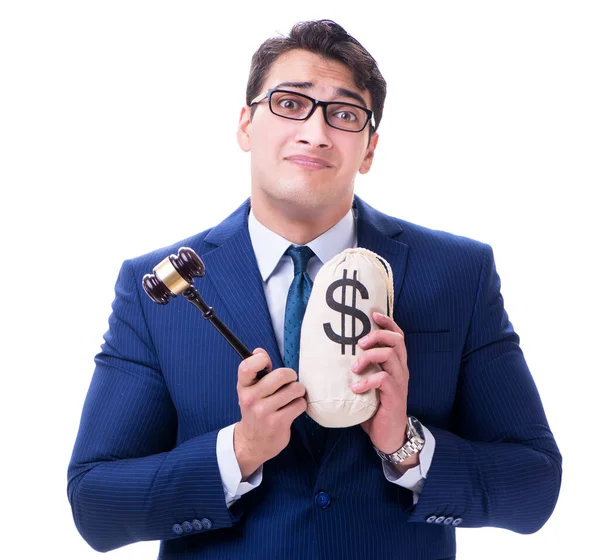 Ügyvéd, egy marok, és egy moneybag pénz rossz elszigetelt fehér — Stock Fotó