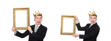 Resim çerçeveli bir adam beyazda izole edilmiş.