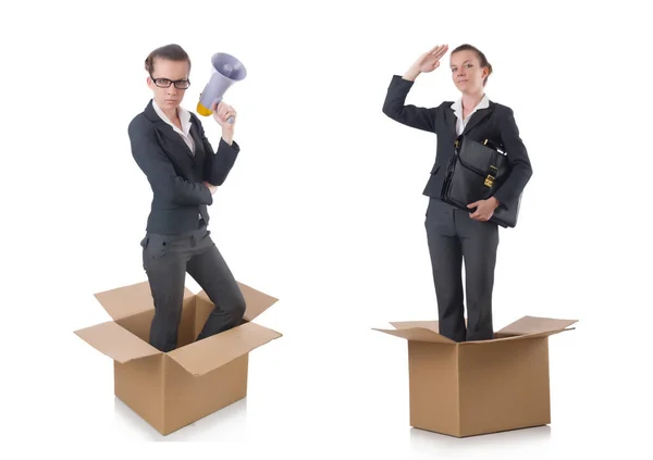 Woman businesswoman with loudspeaker inthe box — Stock Photo, Image