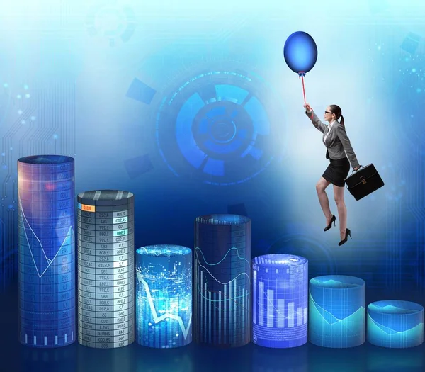 Businesswoman flying on hot balloon over graph — Stock Photo, Image