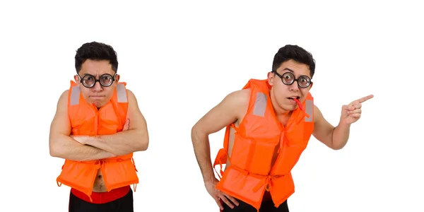 Hombre divertido con chaleco de seguridad naranja — Foto de Stock