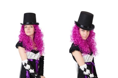 Güzel kız beyaz izole soytarı kostüm