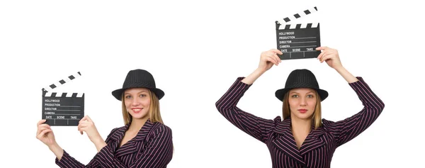 Mulher com filme clapboard isolado no branco — Fotografia de Stock