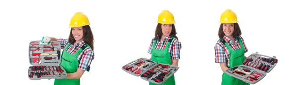 Young woman with toolkit on white — Stock Photo, Image