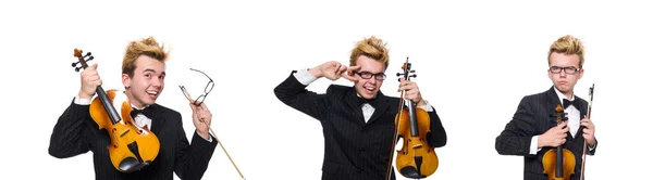 Jovem músico com violino isolado em branco — Fotografia de Stock