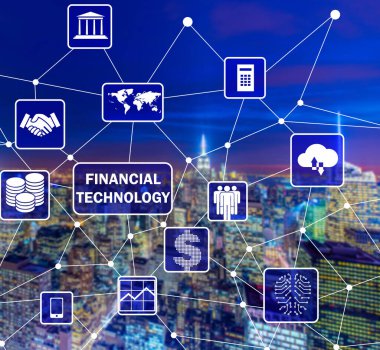 Fintech finansal teknoloji kavramına sahip akıllı şehir konsepti
