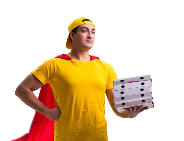 Super héroe pizza repartidor chico aislado en blanco — Foto de Stock