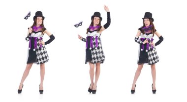 Soytarı kostüm üzerine beyaz izole maskesi ile güzel kız