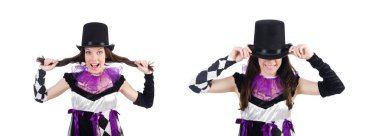 Güzel kız beyaz izole soytarı kostüm