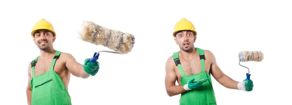 Painter in green coveralls on white — Stock Photo, Image