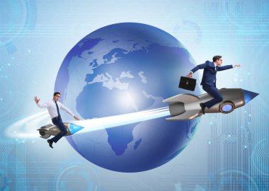 Küresel iş kavramı içinde roket üzerinde işadamı