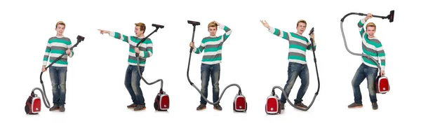 Funny man with vacuum cleaner on white — Stock Photo, Image