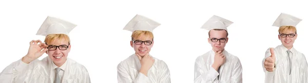 Jonge mannelijke student afgestudeerd aan de middelbare school op wit — Stockfoto